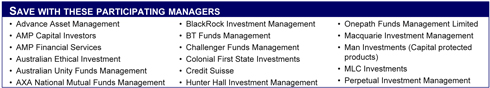 Advance Asset Management, AMP Capital Investors, AMP Financial Services, Australian Ethical Investment, Australian Unity Funds Management, AXA National Mutual Funds Management, BlackRock Investment Management, BT Funds Management, Challenger Funds Management, Colonial First State Investments, Credit Suisse, Hunter Hall Investment Management, Onepath Funds Management Limited, Macquarie Investment Management, Man Investments (capital protected products), MLC Investments, Perpetual Investment Management 